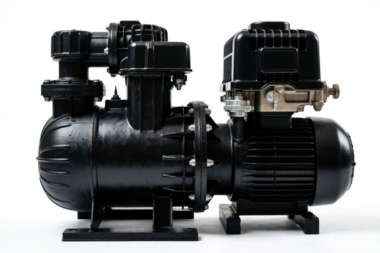 Black electric pool pump on white background. Industrial machine for swimming water circulation, filtration systems. Equipment for garden basin maintenance, pond treatment. Powerful engine ensures