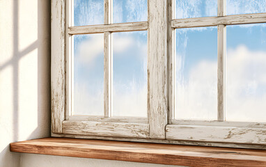 Fototapeta premium Old wooden window with worn sill and single pane new glass reflecting sky, symbolizing window replacement and home renewal.