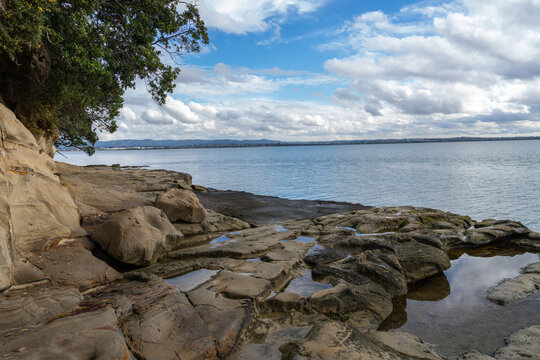 Rocky ledge with pools at sea level below Coyle Park in Point Chevalier