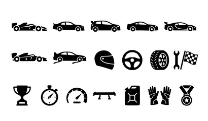 Obraz premium Racing icon set cars parts and accessories in silhouette style