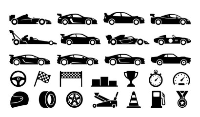 Obraz premium Racing car icons and motorsports elements collection in black and white