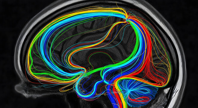 Human Brain Neural Pathways Tractography Illustration With Vibrant Multicolored Fiber Connections In Sagittal View