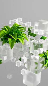 Fern plant cubes create a technology background with nature elements