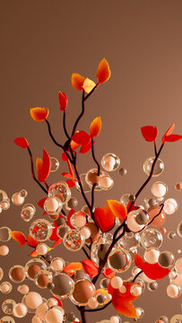 Branch with autumn leaves and glass sphere on a simple background
