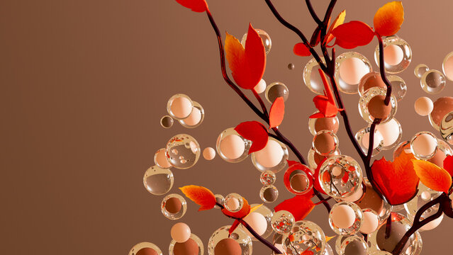 Branch with autumn leaves and glass sphere on a simple background