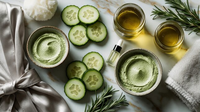 Spa ritual flat lay with green face masks, cucumber slices, herbal oils, and silk robe. Natural beauty products and ingredients for skin care.