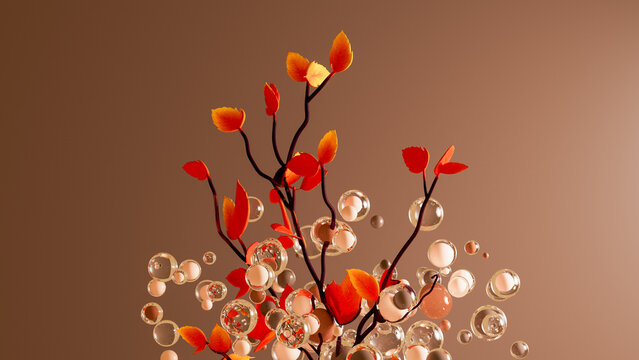 Branch with autumn leaves and glass sphere on a simple background