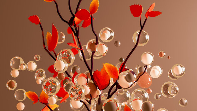 Branch with autumn leaves and glass sphere on a simple background