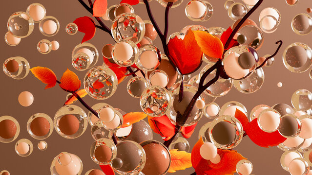 Branch with autumn leaves and glass sphere on a simple background