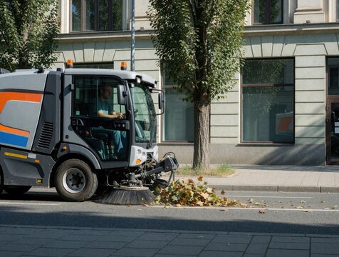 Street sweeper vehicle removes fallen autumn leaves from city road near sidewalk. Pro worker drives municipal machine cleaning asphalt during sunny day. Autumnal public area maintenance concept with