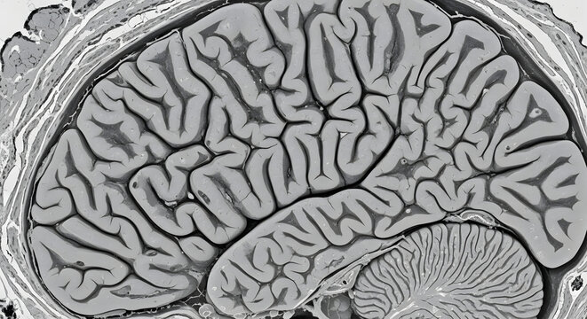 Monochrome anatomical cross-section of human brain cortex and neural structures