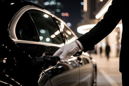 Professional chauffeur wearing white gloves opens car door for passenger at night. Uniformed driver provides elite transport service near luxury building entrance. Premium valet assistance ensures