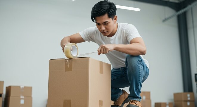 Asian Warehouse Employee Packaging Cardboard Boxes with Industrial Tape for Efficient Storage