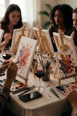 Naklejka na ściany i meble Diverse women paint on canvas at workshop table with wine glasses. Group friends enjoy creative evening event in cozy studio space. People learn art technique hold brushes hold palette cups drink red