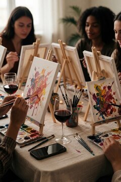 Diverse women paint on canvas at workshop table with wine glasses. Group friends enjoy creative evening event in cozy studio space. People learn art technique hold brushes hold palette cups drink red