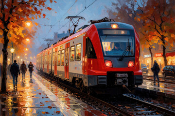 Fototapeta premium Modern red electric train moves along city rails during autumn evening. People walk on sidewalk near tracks with orange trees, wet ground reflection. Urban public transportation scene features