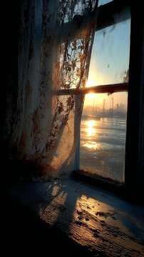 Golden sunrise through window with lace curtain overlooking the sea.