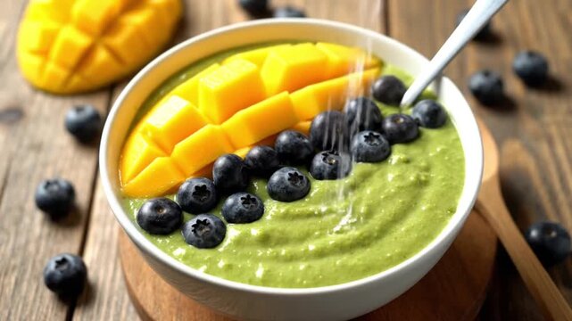 Close-up of a creamy green smoothie bowl topped with fresh mango slices and blueberries served in a white bowl.