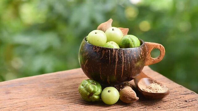 Indian Gooseberry ,terminalia chebula ,terminalia bellirica fruits and powder on natural background.