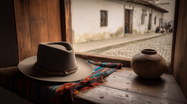 Andean scenery. Ecuadorian Independence Day countertop adorned with a Panama hat resting upon Andean woven fabric, clay pottery vessel, colonial Quito street vista, celebration pamphlets.