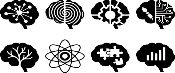 Set of eight black brain icons representing various concepts of human cognition intelligence creativity and scientific thinking processes © Alija