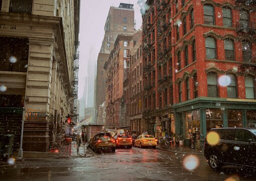 Rainy Day in New York City - Urban Landscape with Taxis.