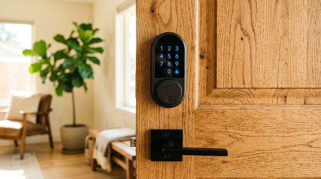 Smart lock with a numerical keypad is mounted on a textured wooden door frame in a bright living area.