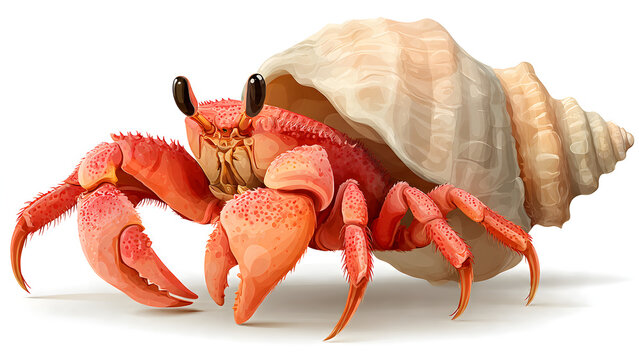 A bright orange hermit crab, its claws extended and eyes on stalks, peeks out from its shell on a sandy shore.