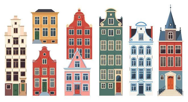 Vibrant collection of classic European urban townhouses with unique gabled roofs, showcasing traditional architectural styles in a charming, illustrative cartoon set