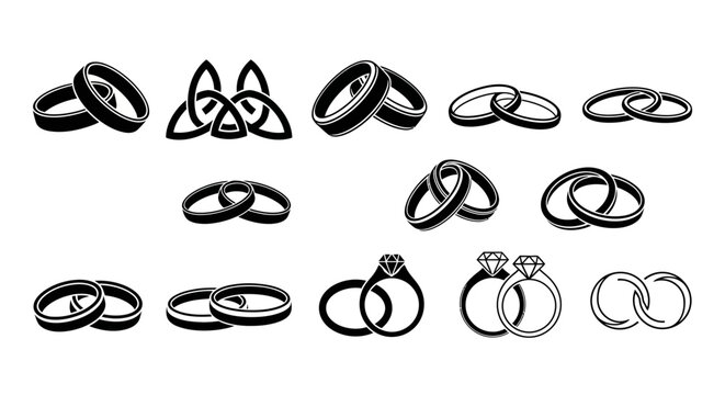 Collection of wedding ring icon vectors set in black and white silhouette for marriage commitment and love concepts