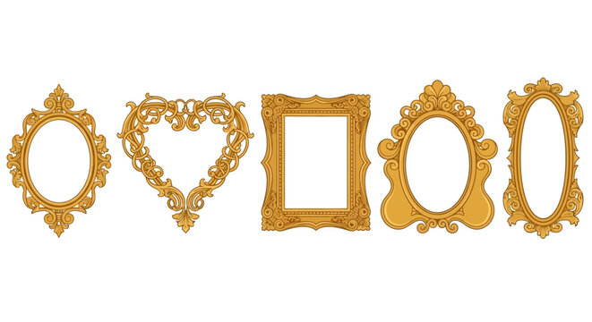 Set of ornate golden vintage picture frames with decorative baroque borders on white background