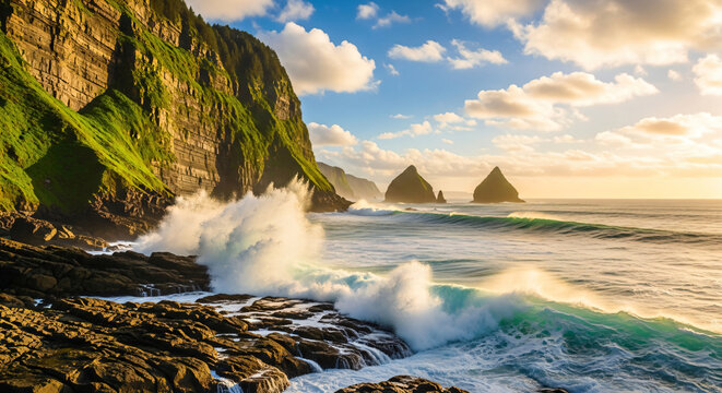 Ocean Waves Crashing On Rocky Cliffs At Sunset Landscape