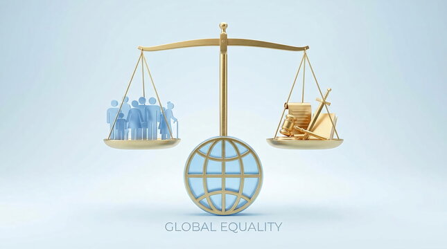 Golden scales of justice balancing people and wealth.