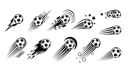 Dynamic motion blur and speed lines illustrating soccer ball impacts and fast trajectories in a collection of black and white icons © charli