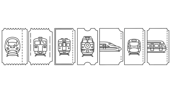 Vector illustration of railway tickets with train outlines in thin line style for travel design