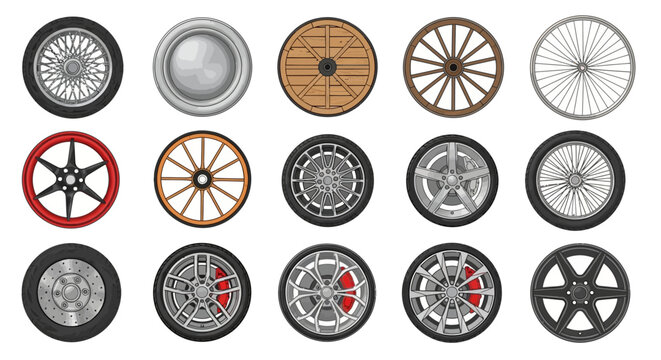 Diverse wheel designs automotive rims, wooden wagon wheels, bicycle spokes. Highlighting the concept of rotation for transport and mechanical systems