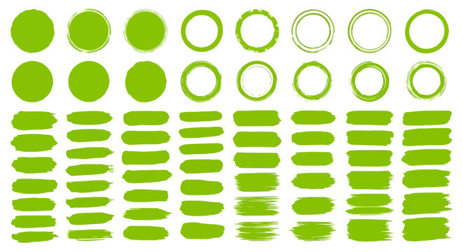 Green brush strokes and circle frames set, 88 hand drawn paint elements vector, organic lime ink textures for eco friendly branding and highlights