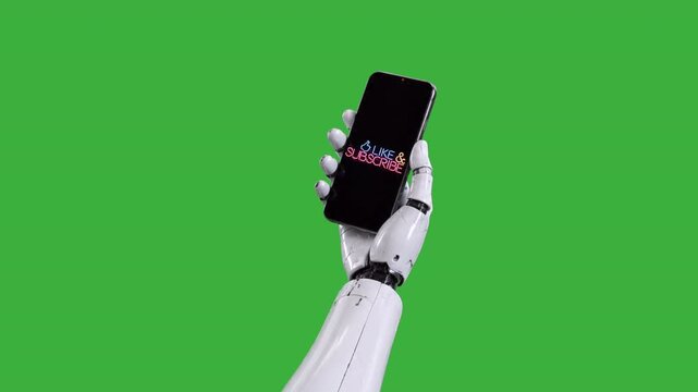 Robotic hand holding smartphone like and subscribe green screen