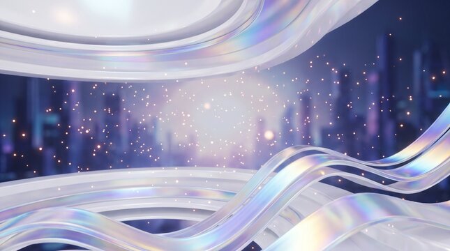 Vertical elegant 3D fluid white shapes glowing with iridescent holographic lighting