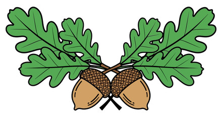 Vintage oak leaf and acorn vector illustration, heraldic forest symbol with green leaves and brown nuts, rustic botanical emblem for hunting and nature © charli