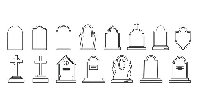 Gravestone line icon set with 15 tombstone vector elements, cemetery headstone silhouettes, spooky halloween graveyard burial markers