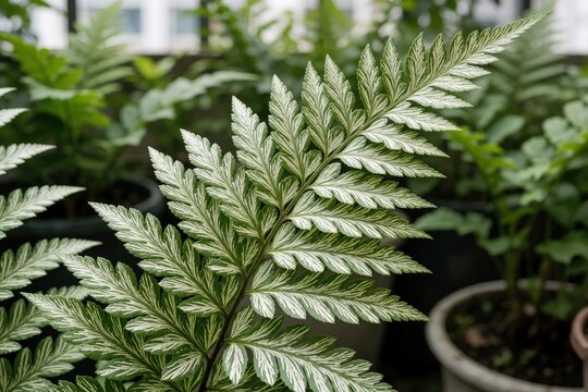 Closeup of variegated Pteris cretica fern frond with white, green striped leaves. Potted plant thrives in urban garden setting. Detailed botanical view shows natural texture, foliage pattern of