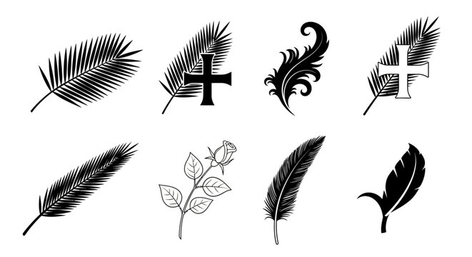 Funeral mourning symbols set with palm branches and crosses, black memorial icons for obituary and condolence cards, 8 vector elements