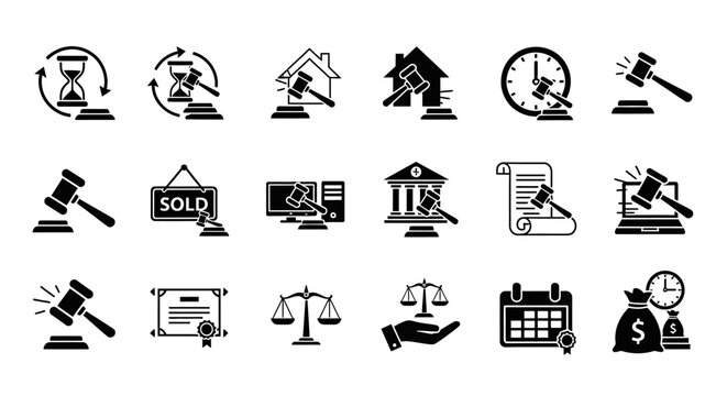 Auction and legal icon set with 18 black glyph symbols, judge gavel and law justice icons, real estate bidding and online court vector elements