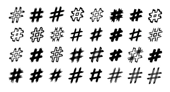 Hand drawn hashtag icon set, black ink sketch hash symbols on white background, 32 social media tag vector elements for marketing and blogging