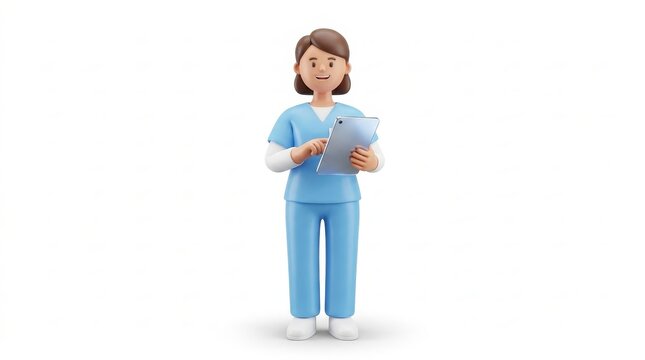 Medical - 3D Cartoon Female Nurse in Blue Scrubs Holding Digital Tablet Standing on White Background
