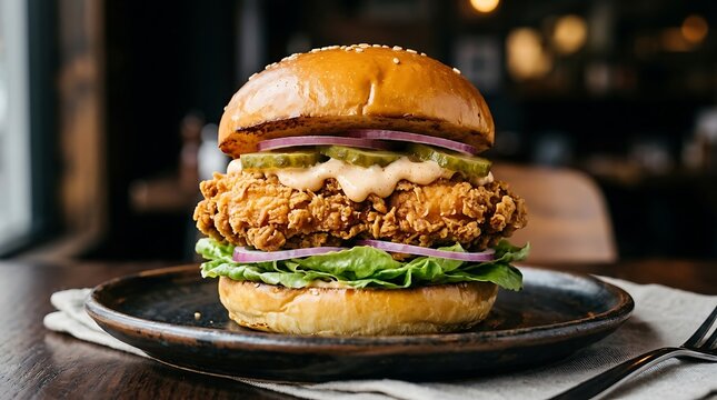 Crispy golden fried chicken sandwich served on toasted brioche bun with fresh green lettuce with creamy sauce rustic plate sandwich layered pickles