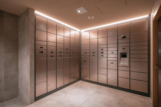 Modern Mailboxes with Electronic Panel in Apartment Building Lobby