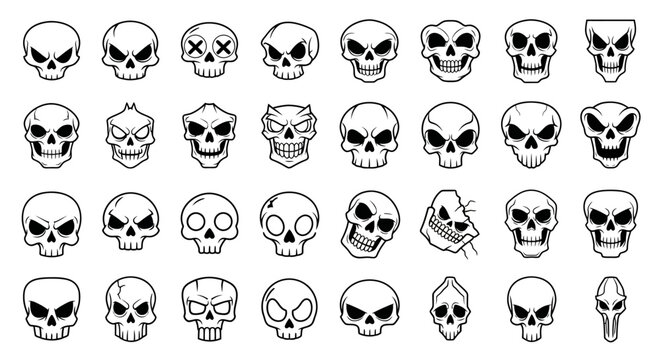 Dynamic array of skull icons featuring a wide range of unique expressions and detailed graphic designs, ideal for distinctive visual branding and artistic projects requiring diverse 