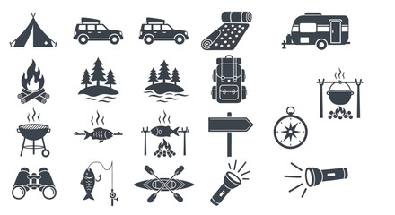 Camping and outdoor recreation icons set featuring tent campfire backpack compass travel trailer kayak and hiking equipment vector illustration © charli